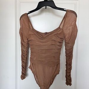 Brown Long Sleeve Ruched Bodysuit